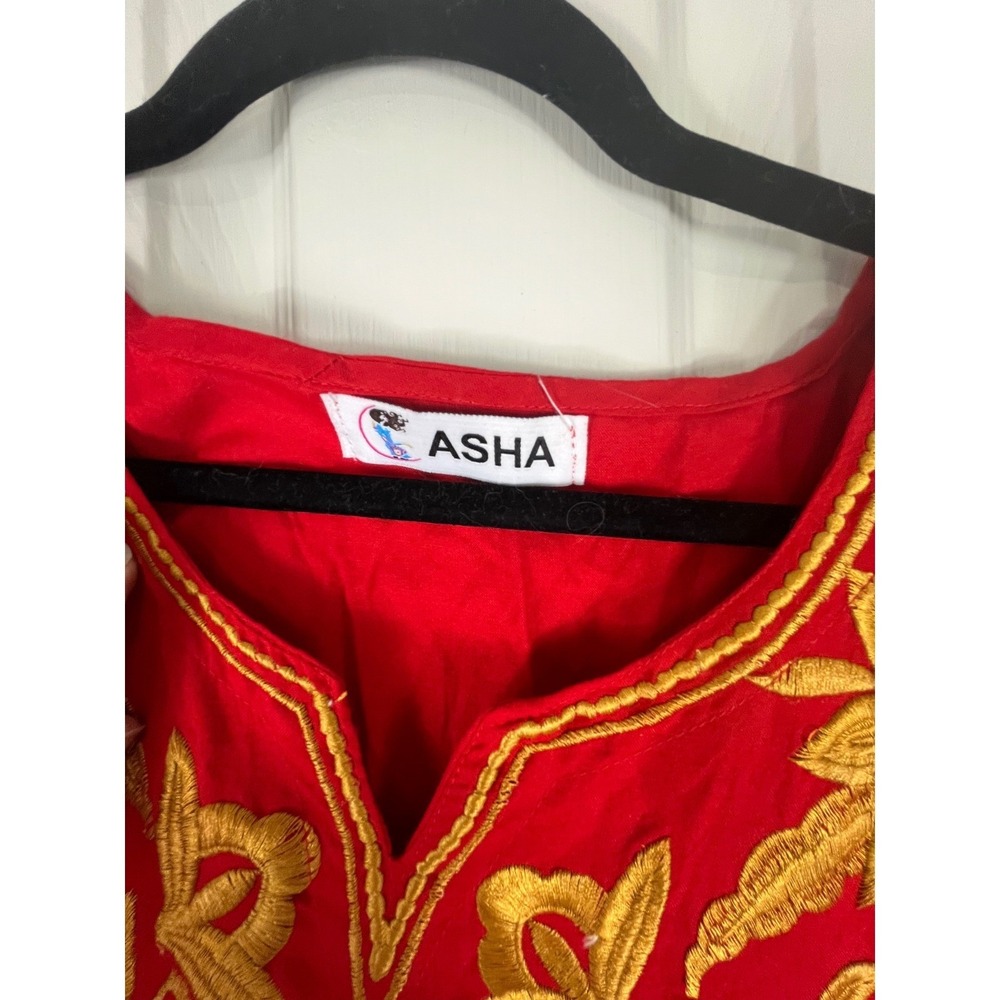 Asha Red Gold Floral Embroidered Tunic Dress Rayon Short Sleeve Boho One Size - Picture 4 of 16